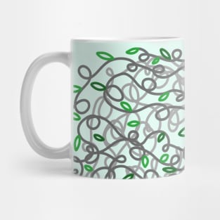 Loopy Twisted Tangled Vines and Leaves Abstract Doodle Design on a light spring green backdrop, made by EndlessEmporium Mug